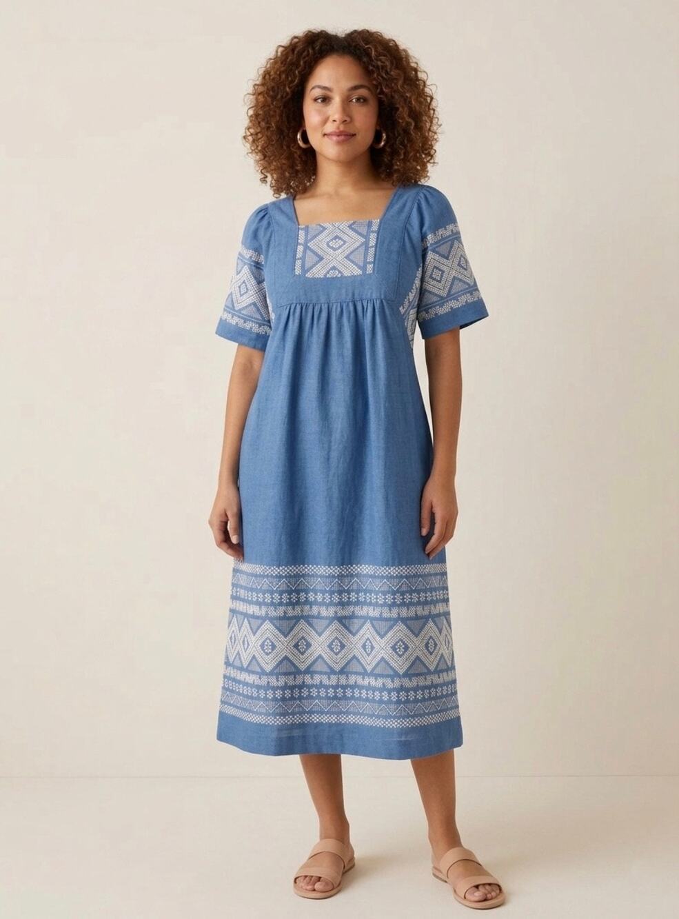 Vintage 1970s Mayan Embroidery w/Geometric Patterns Midi Caftan Design Size S